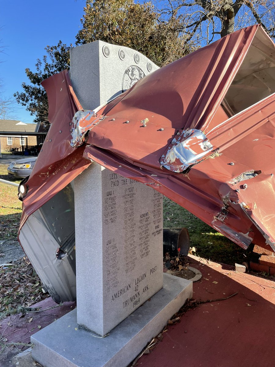 Trumann Monday morning as crews work to restore power and clean up debris from Friday's tornado here. Fire Chief tells about 200 homeuildings were damaged, including the fire station (& veteran memorial). 