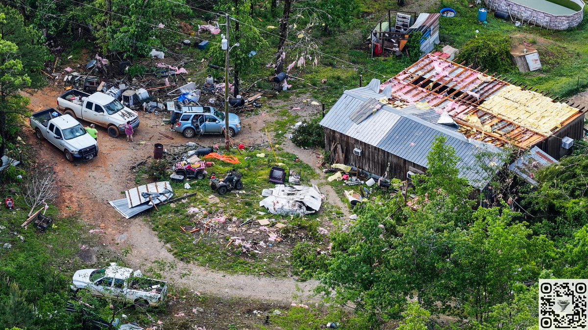 Tornado damage south and southeast of Mountain View, Arkansas from last nights storms
